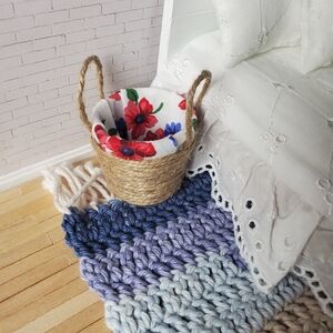 Miniature Dollhouse Woven Basket with Floral Liner 1:12 Scale